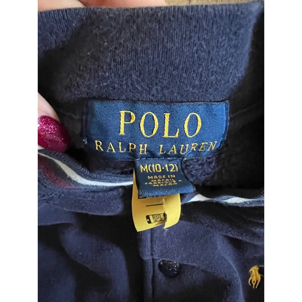 Vintage Polo Ralph Lauren Kids Varsity Fleece Bomber Jacket Navy Blue Med 10/12